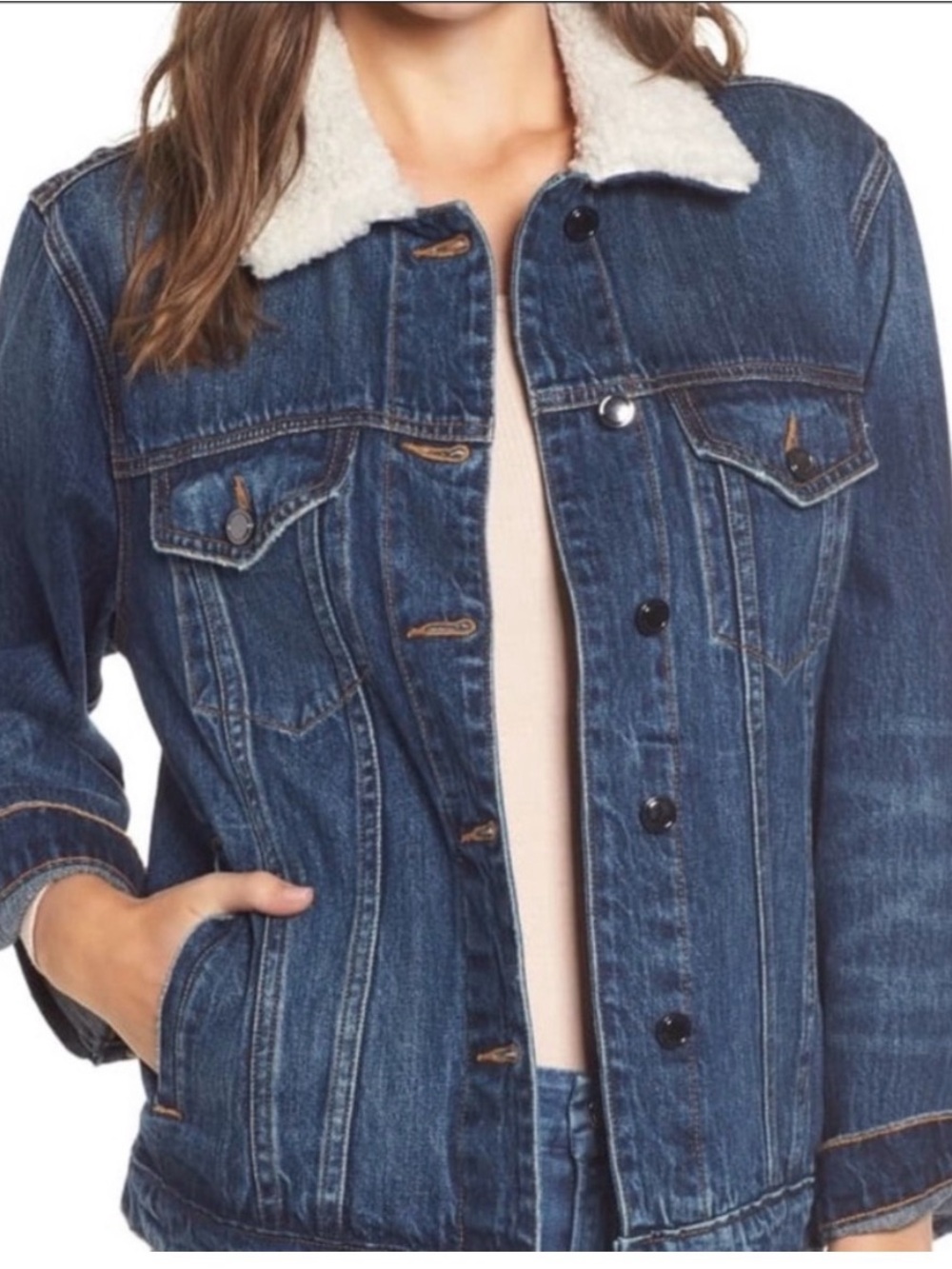 Good American blue denim boyfriend Sherpa jacket size 0
